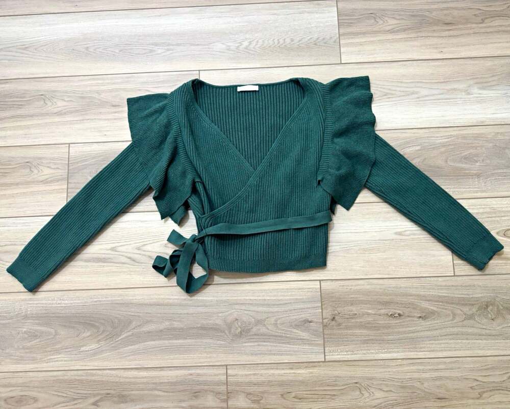 Kirundo Women's M Green Ribbed Wrap Sweater Ruffle Shoulder Cropped Tie Waist